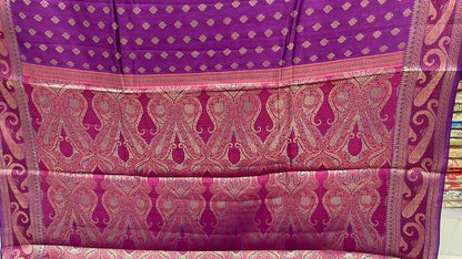 Regal Elegance: Faishana's Pure Silk Handloom Purple Chiniya Silk with Gold Zari Booti Tilfi Anchal and Tilfi Zari Border Paired with Exquisite Purple Blouse Piece