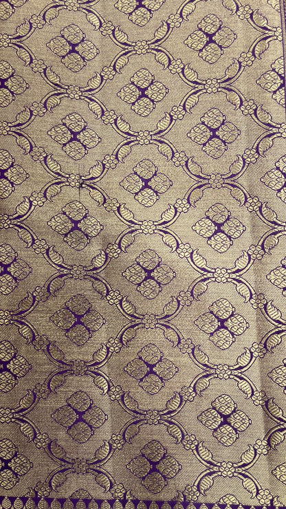 Regal Charm: Faishana's Exquisite Pure Silk Handloom Purple Chiniya Silk Gold Floral Zari Booti with Minakari Border & Purple Blouse