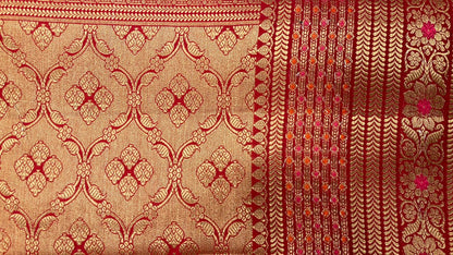 Ravishing Elegance: Faishana's Pure Silk Handloom Red Pure Chiniya Silk Tilfi Zari Jaal Zig-Zag with Minakari Zari Border &amp; Red Blouse Piece
