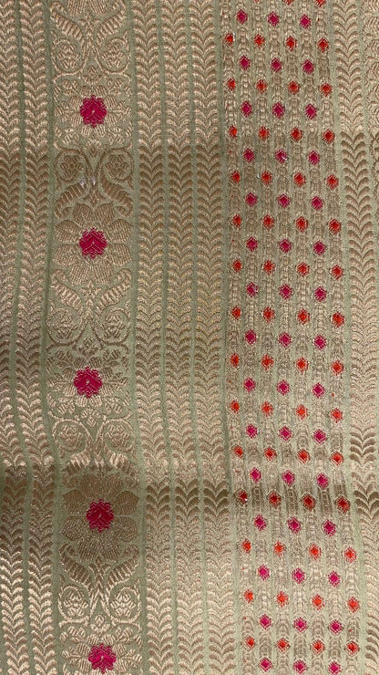 Faishana Presents: Exquisite Pure Silk Handloom Pistachio Chiniya Silk Tilfi Zari Jaal Zig-Zag Banarasi Saree with Minakari Zari Border & Matching Blouse Piece