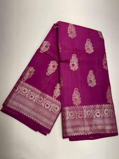 Faishana Pure Silk Handloom Pink Pure Muga Silk Zari Mina Booti Minakari Jaal Pallu with Minakari Zari Border Banarasi Saree with Pink Blouse