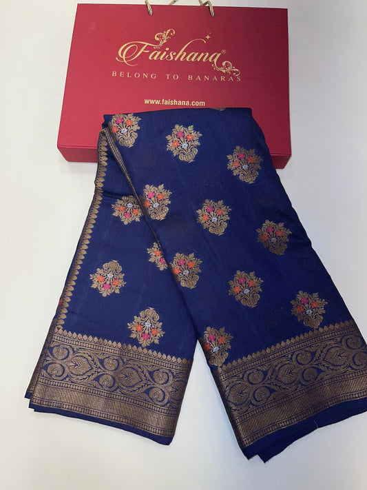 Royal Elegance: Faishana Pure Silk Handloom Navy Blue Munga Silk Minakari Zari Boota Banarasi Saree Small Zari Border with Blue Blouse