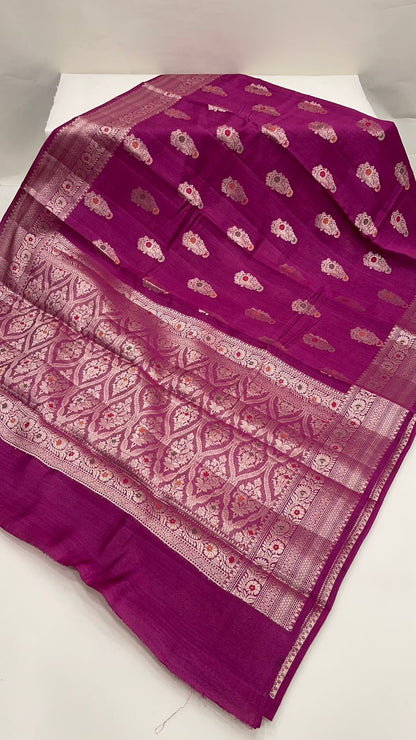Faishana Pure Silk Handloom Pink Pure Muga Silk Zari Mina Booti Minakari Jaal Pallu with Minakari Zari Border Banarasi Saree with Pink Blouse