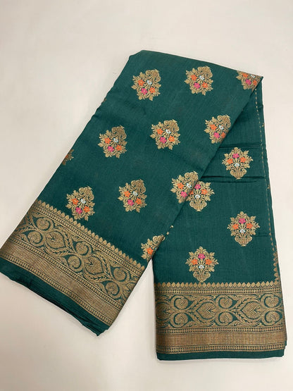Emerald Elegance: Faishana Pure Silk Handloom Dark Green Munga Silk Minakari Zari Boota Banarasi Saree paired with Dark Green Blouse