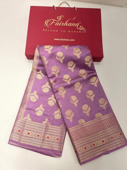 Royal Elegance: Faishana's Exquisite Light Purple Pure Chiniya Silk Gold Floral Zari Booti with Minakari Border & Purple Blouse
