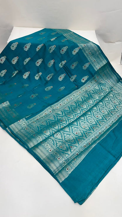 Exquisite Elegance: Faishana Pure Silk Handloom Sea Green Munga Silk Zari Mina Booti with Minakari Jaal Anchal Zari Border Saree &amp; Sea green Blouse Piece
