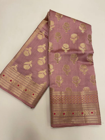 Regal Elegance: Faishana's Pure Silk Handloom Muave Chiniya Silk Gold Floral Zari Booti with Minakari Zari Border Saree and Mauve Blouse