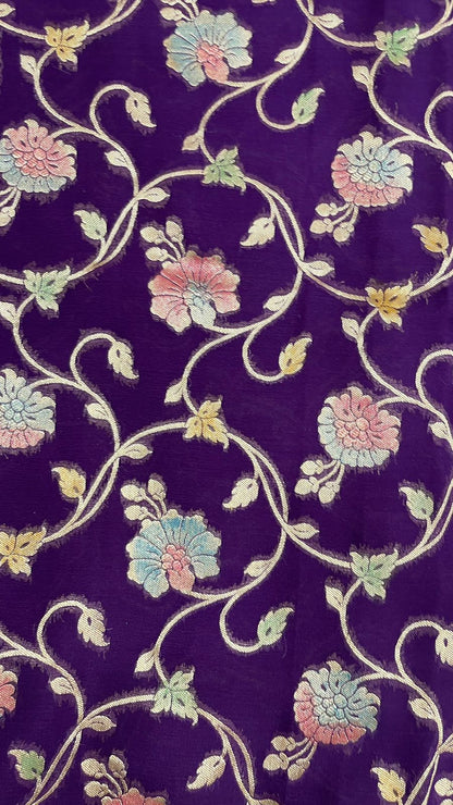 Faishana Pure Silk Handloom Exquisite Purple Khaddi Georgette Hand Brush Floral Zari Kadhwa Jaal with Banarasi Zari Border with Purple Blouse