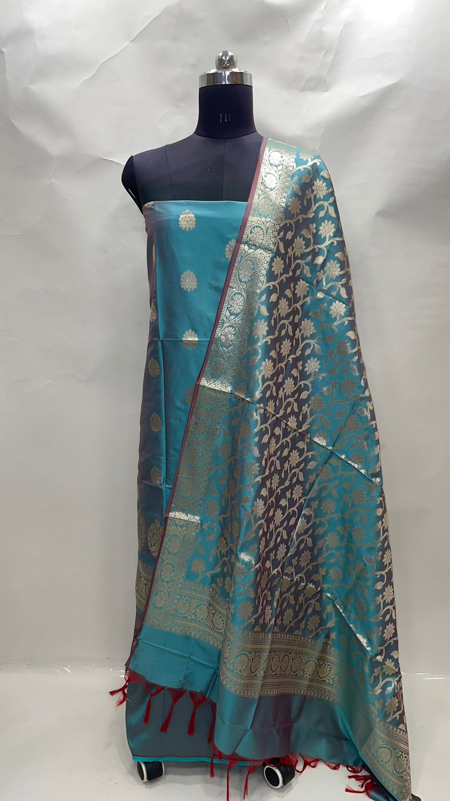 Faishana Presents Light Blue Katan Silk 3pcs Suit Set accompanied with Plain Bottom and Top Golden Zari Booti with Light Blue Golden Jaal Katan Silk Dupatta