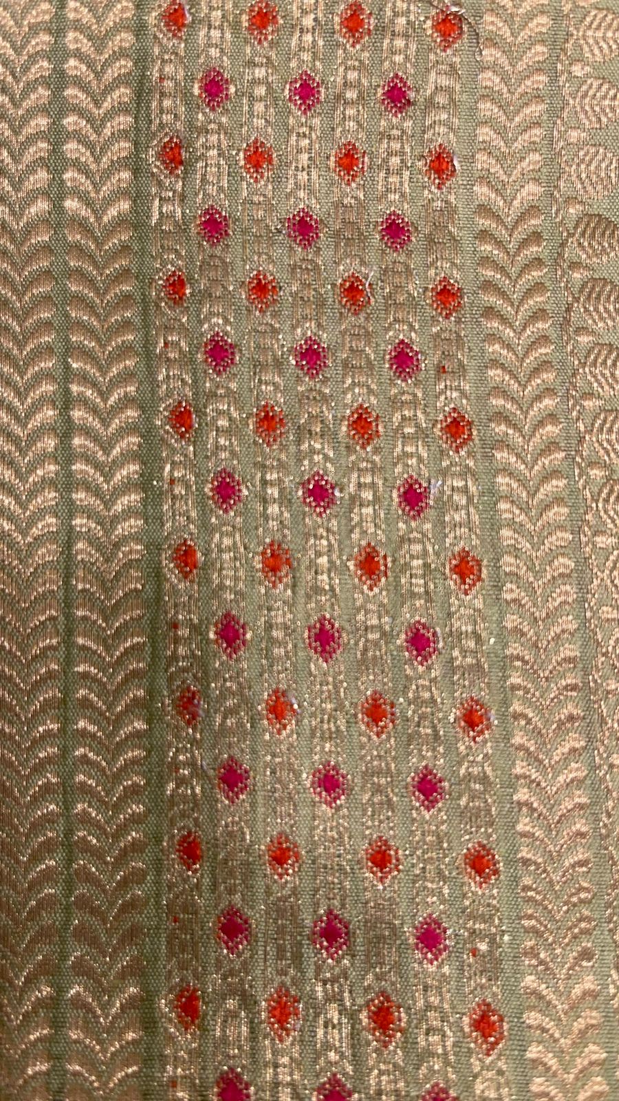 Faishana Presents: Exquisite Pure Silk Handloom Pistachio Chiniya Silk Tilfi Zari Jaal Zig-Zag Banarasi Saree with Minakari Zari Border & Matching Blouse Piece