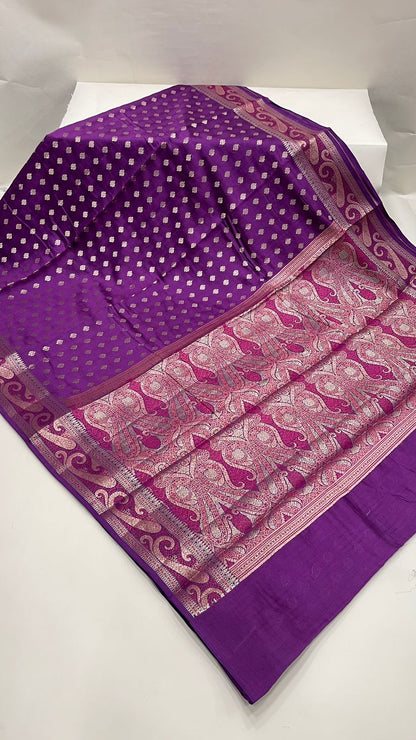 Regal Elegance: Faishana's Pure Silk Handloom Purple Chiniya Silk with Gold Zari Booti Tilfi Anchal and Tilfi Zari Border Paired with Exquisite Purple Blouse Piece
