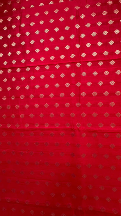 Regal Elegance: Faishana's Exquisite Pure Silk Handloom Red Chiniya Silk Saree with Gold Zari Booti & Tilfi Anchal with Tilfi Zari Border and with Red Blouse