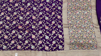 Faishana Pure Silk Handloom Exquisite Purple Khaddi Georgette Hand Brush Floral Zari Kadhwa Jaal with Banarasi Zari Border with Purple Blouse