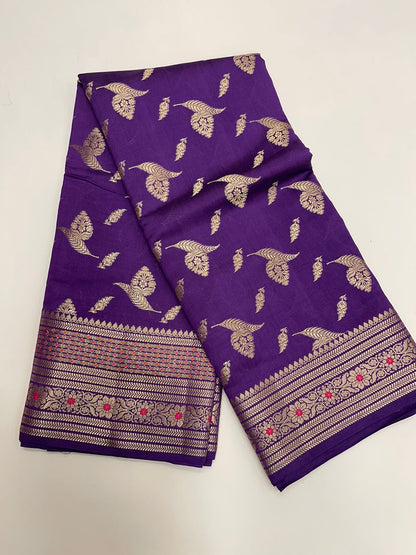 Regal Charm: Faishana's Exquisite Pure Silk Handloom Purple Chiniya Silk Gold Floral Zari Booti with Minakari Border & Purple Blouse