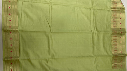 Faishana Presents: Exquisite Pure Silk Handloom Pistachio Chiniya Silk Tilfi Zari Jaal Zig-Zag Banarasi Saree with Minakari Zari Border & Matching Blouse Piece