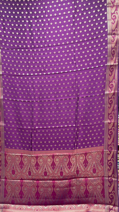 Regal Elegance: Faishana's Pure Silk Handloom Purple Chiniya Silk with Gold Zari Booti Tilfi Anchal and Tilfi Zari Border Paired with Exquisite Purple Blouse Piece