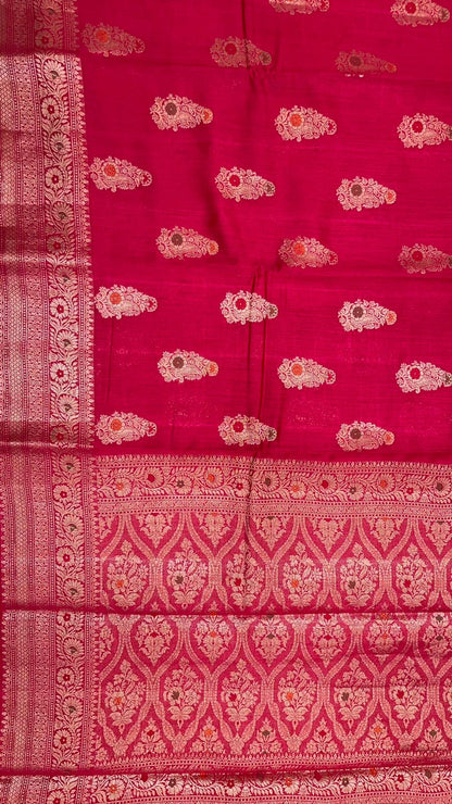 Faishana Pure Silk Handloom Red Munga Silk Zari Mina Booti Minakari Jaal Pallu with Minakari Zari Border Banarasi Saree with Red Blouse piece