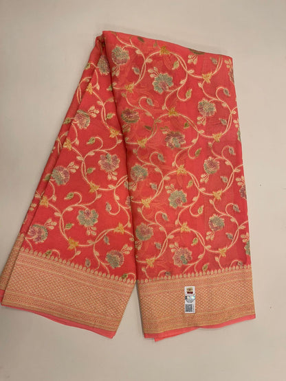 Radiant Threads: Faishana's Pure Silk Handloom Orange Khaddi Georgette Hand Brush Floral Zari Kadhwa Jaal with Banarasi Zari Border with an Orange Blouse