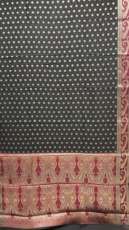 Classic Elegance: Faishana's Pure Silk Handloom Black Chiniya Silk with Gold Zari Booti and Tilfi Anchal Zari Border with Black Blouse Piece