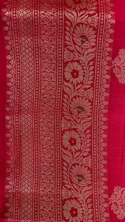 Faishana Pure Silk Handloom Red Munga Silk Zari Mina Booti Minakari Jaal Pallu with Minakari Zari Border Banarasi Saree with Red Blouse piece