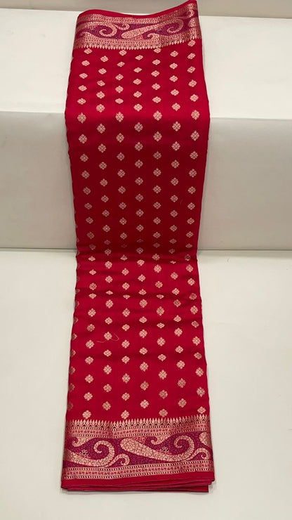 Regal Elegance: Faishana's Exquisite Pure Silk Handloom Red Chiniya Silk Saree with Gold Zari Booti & Tilfi Anchal with Tilfi Zari Border and with Red Blouse