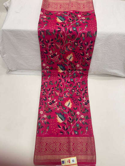 Faishana Pure Silk Handloom Pink Katan Georgette Digital Printed Zari Floral Jaal Kadhwa Banarasi Border with Pink Blouse.
