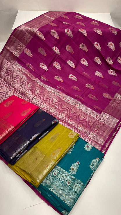 Faishana Pure Silk Handloom Pink Pure Muga Silk Zari Mina Booti Minakari Jaal Pallu with Minakari Zari Border Banarasi Saree with Pink Blouse