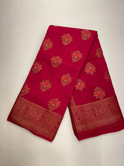 Timeless Elegance: Faishana Pure Silk Handloom Red Munga Silk Minakari Zari Booti Banarasi Saree with Small Zari Border & Red Blouse