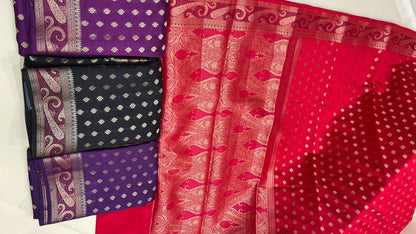 Regal Elegance: Faishana's Exquisite Pure Silk Handloom Red Chiniya Silk Saree with Gold Zari Booti & Tilfi Anchal with Tilfi Zari Border and with Red Blouse