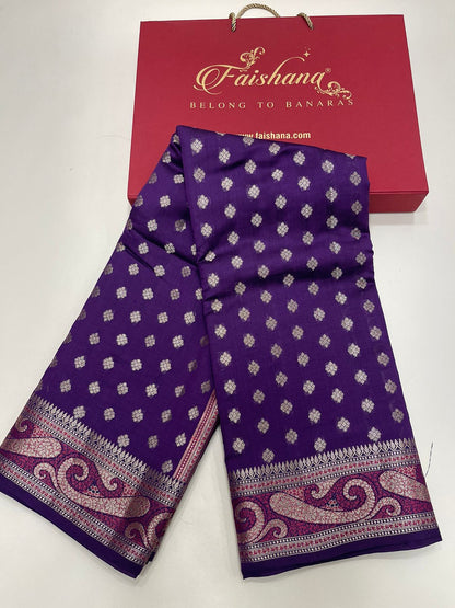 Regal Radiance: Faishana Pure Silk Handloom Purple Chiniya Silk Gold Zari Booti and Tilfi Anchal with Tilfi Zari Border Purple Blouse Piece