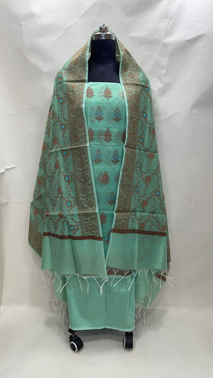 Faishana Presents Green Cotton Resham Copper Zari 3pcs Suit Set accompanied with Plain Bottom and Top Copper Zari Cotton Small Mina Boota with Green Mina Jaal Dupatta