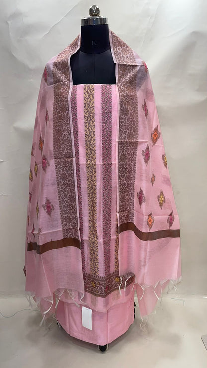 Faishana Presents Pink Cotton Resham Copper Zari 3pcs Suit Set accompanied with Plain Bottom and Top Copper Zari Cotton Jaal Stripe with Pink Booti Dupatta