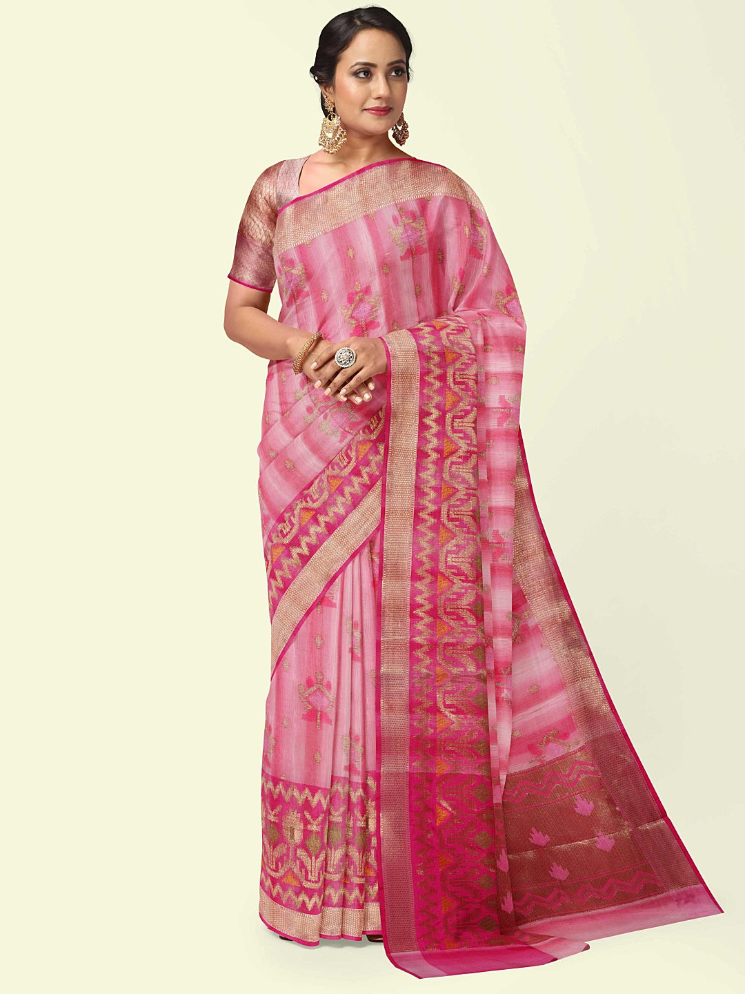 Faishana Presents Woven Pink Matka Silk Booti Skirt Border With Pink Blouse Banarasi Saree