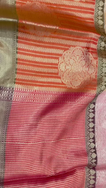 Faishana Presents Beige Silver Zari Kanchi Silk Brocade Contrast Orange Zari Pattu Border Banarasi Saree