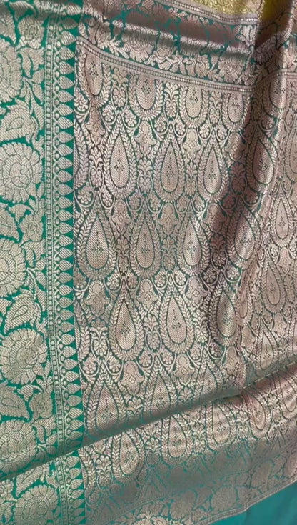 Faishana Presents Green Katan Silk Plain Zari Anchal With Contrast Green Zari Border Banarasi Saree