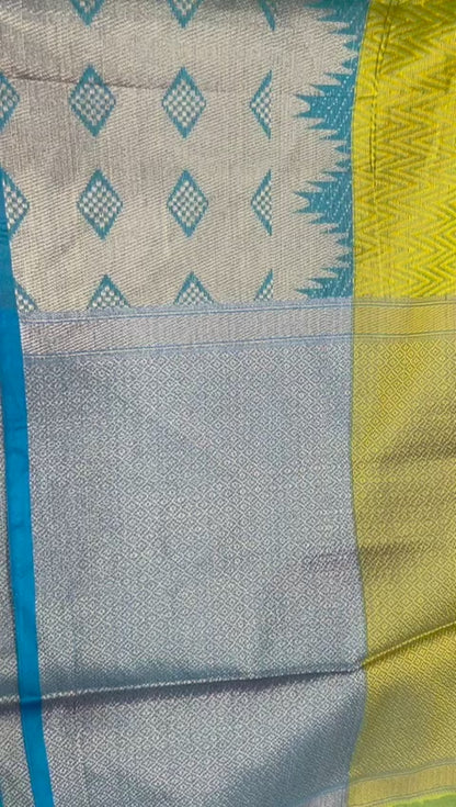 Faishana Gold Resham Brocade Saree With Contrast Blue Zari Pattu Border
