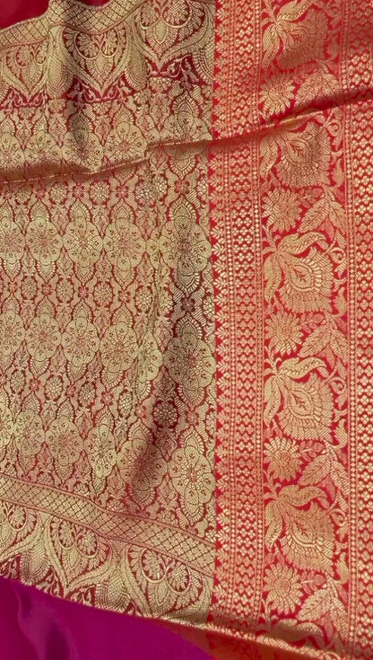 Faishana Presents Magenta Katan Silk Plain Zari Anchal With Contrast Red Zari Border Banarasi Saree