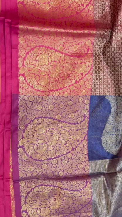 Faishana Presents Brown Antique Zari Kanchi Silk Brocade Contrast Pink Zari Pattu Border Banarasi Saree.