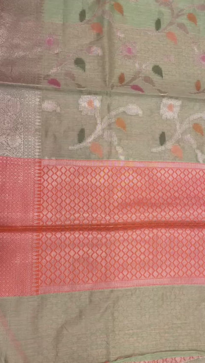 Faishana Presents Handwoven Pistachio Green Mulberry Silk Tilfi Jaal Zari Border With Orange Blouse Banarasi Saree