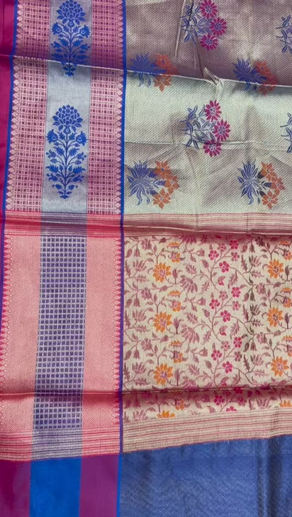 Faishana Presents Grey Zari Meena Paithani Brocade Contrast Pink Pattu Border Banarasi Saree