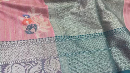 Faishana Presents Handwoven Pink Mulberry Silk Tilfi Boota Zari Border With Green Blouse Banarasi Saree