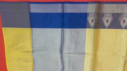 Faishana Presents Gold Silver Zari Kanchi Silk Tanchoi Brocade Contrast Blue Skirt Meena Border Banarasi Saree