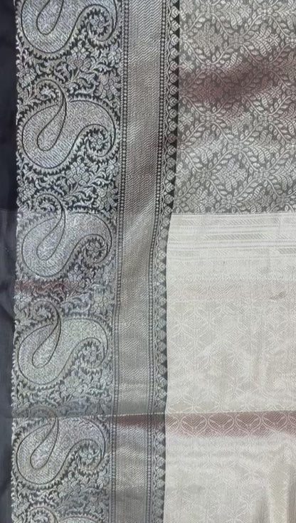 Faishana Presents Black Zari Kanchi Silk Brocade Contrast Silver Gold Jamawar Border Banarasi Saree