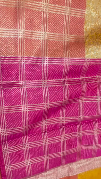 Faishana Presents Orange Zari Kanchi Silk Brocade Contrast Pink Zari Pattu Border Banarasi Saree