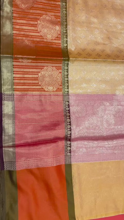 Faishana Presents Beige Silver Zari Kanchi Silk Brocade Contrast Orange Zari Pattu Border Banarasi Saree