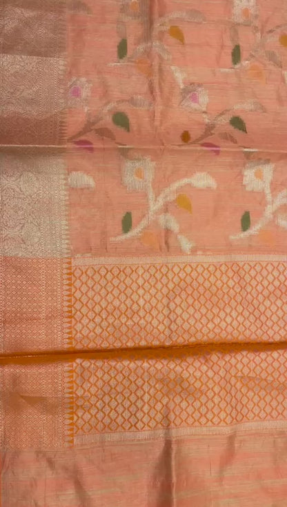 Faishana Presents Handwoven Pink Mulberry Silk Tilfi Jaal Zari Border With Orange Blouse Banarasi Saree