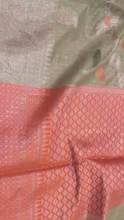 Faishana Presents Handwoven Pistachio Green Mulberry Silk Tilfi Jaal Zari Border With Orange Blouse Banarasi Saree
