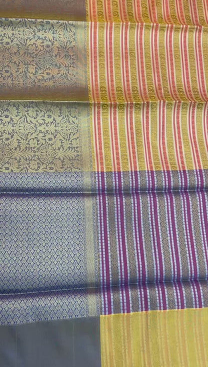Faishana Presents Beige Zari Strip Kanchi Silk Tanchoi Brocade Contrast Blue Skirt Border Banarasi Saree