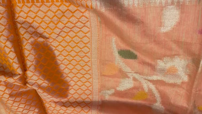 Faishana Presents Handwoven Pink Mulberry Silk Tilfi Jaal Zari Border With Orange Blouse Banarasi Saree