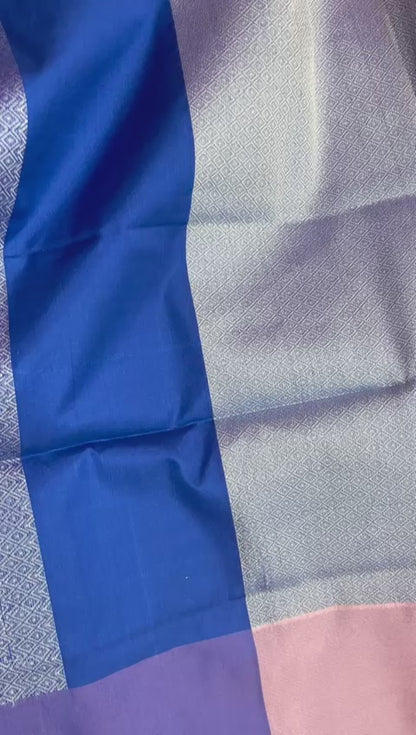 Faishana Presents Pink Silver Zari Kanchi Silk Tanchoi Brocade Contrast Blue Skirt Meena Border Banarasi Saree